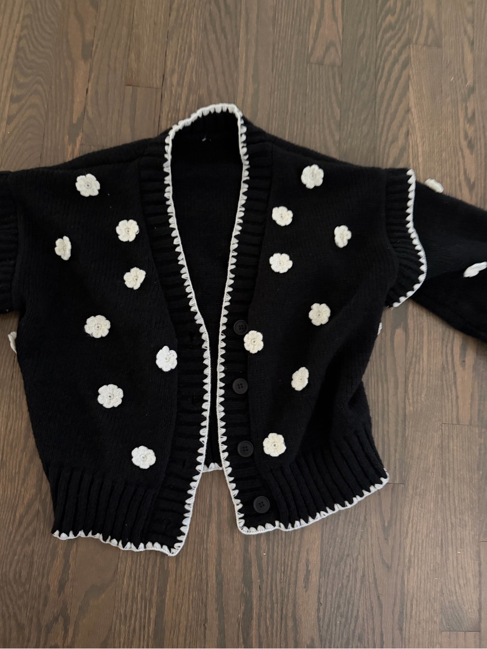Black Crochet Flower Button-Front Cardigan